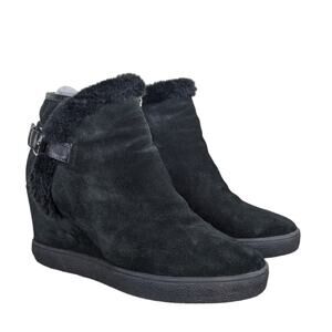Aquatalia Cameron Faux-Fur Trimmed Suede Wedge Ankle Booties Black Size 10.5